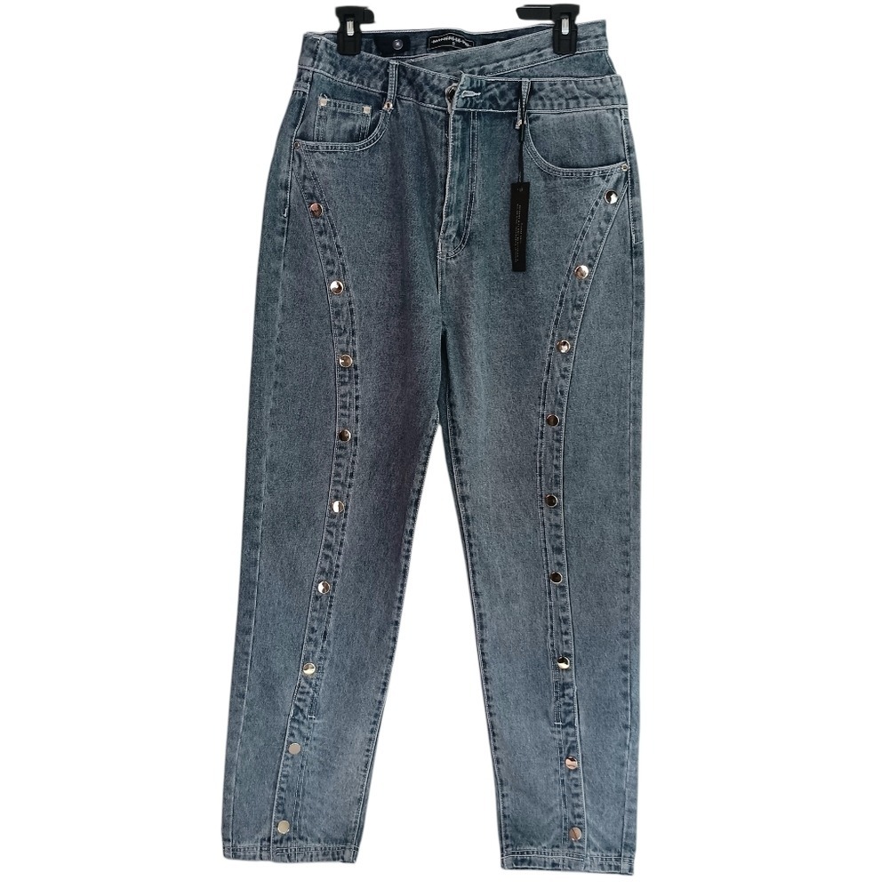 Maniere De Voir Jeans Womens 12 Blue Asymmetrical Snap Button Crossover Denim